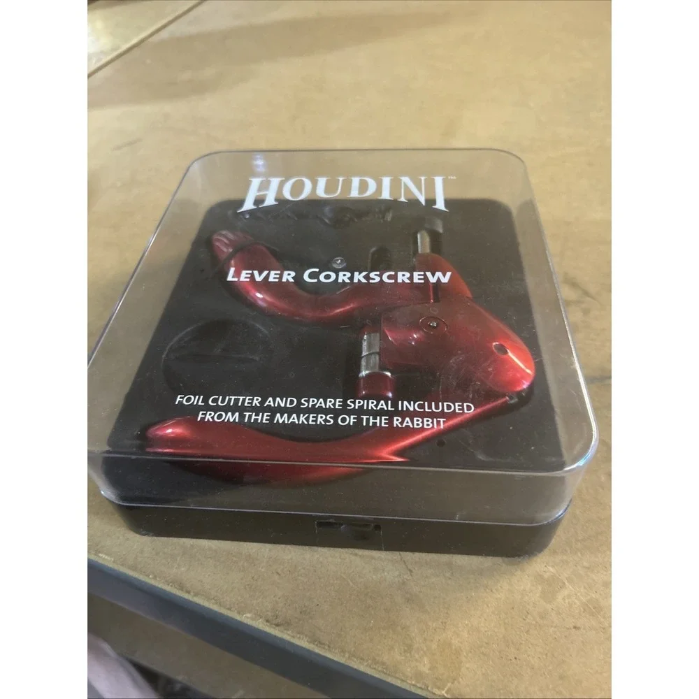 Houdini Lever Corkscrew Wine Bottle Opener w/Foil Cutter & Spare Spiral Open Box
